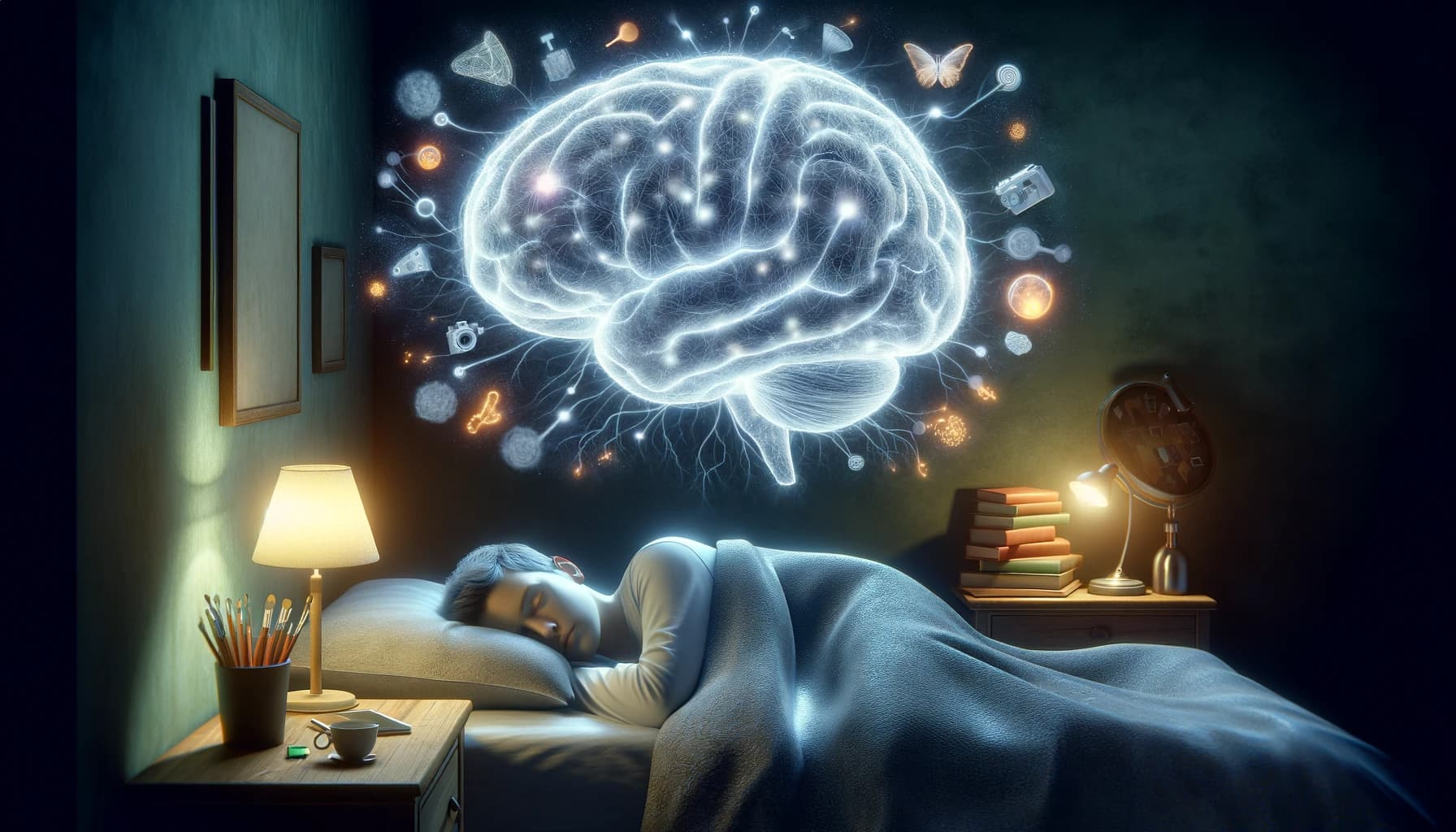 image depicting a peaceful sleep scene that highlights the brain's process of memory consolidation during sleep.